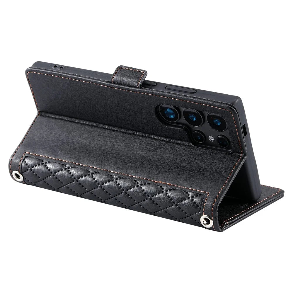 For Samsung Galaxy S24 Ultra Leather Case Rhombus Texture Wallet Stand Phone Cover with Wrist Strap - Black - 4