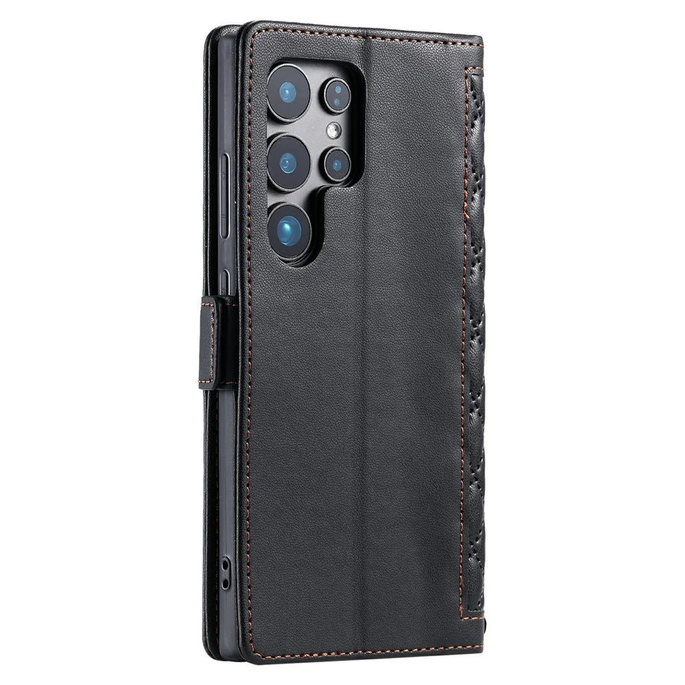 For Samsung Galaxy S24 Ultra Leather Case Rhombus Texture Wallet Stand Phone Cover with Wrist Strap - Black - 7