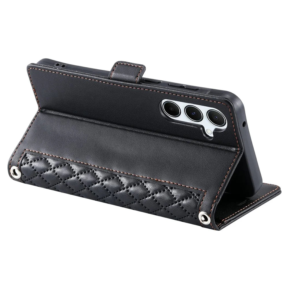 For Samsung Galaxy S25 Leather Case Rhombus Texture Wallet Stand Phone Cover with Wrist Strap - Black - 4