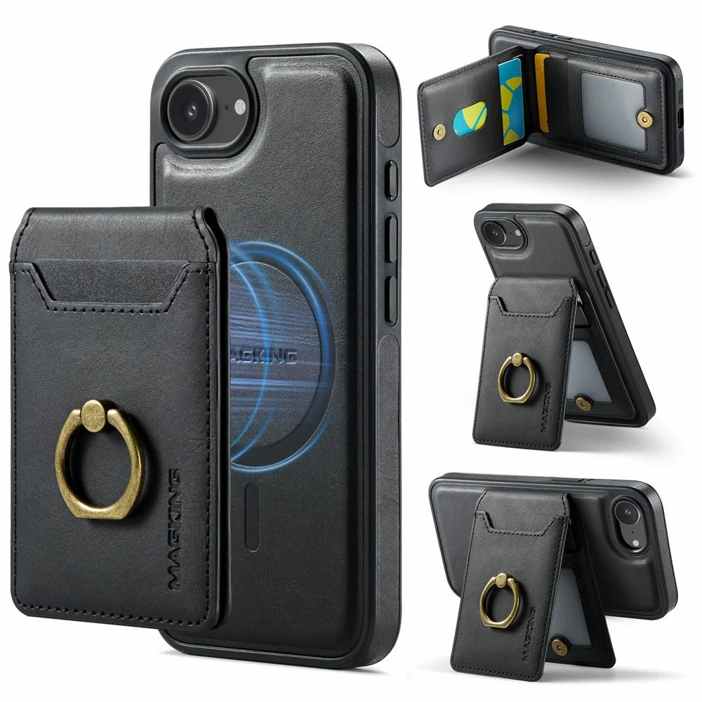 MAGKING K1 Series For iPhone 17e / 16e Magnetic Case PC + TPU + PU Phone Cover with Card Holder - Black - 1