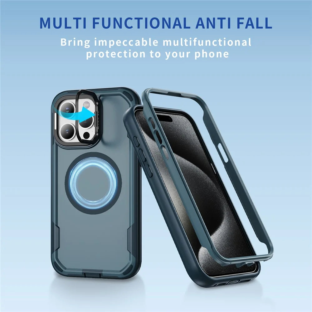 For iPhone 15 Pro Max Case Compatible with MagSafe Lens Frame Kickstand TPU + PC Shockproof Phone Cover - Sapphire + Blue - 2