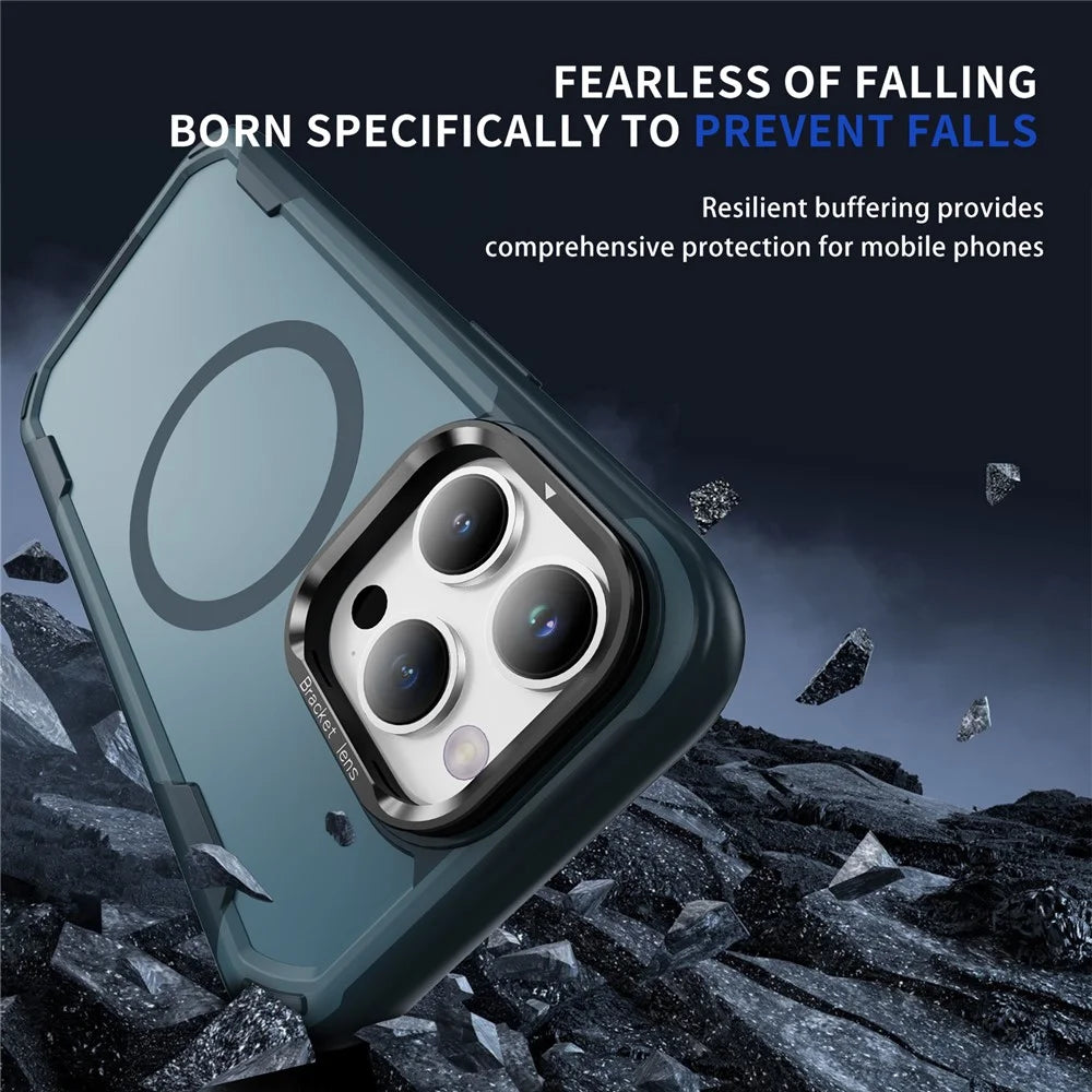 For iPhone 15 Pro Max Case Compatible with MagSafe Lens Frame Kickstand TPU + PC Shockproof Phone Cover - Sapphire + Blue - 3