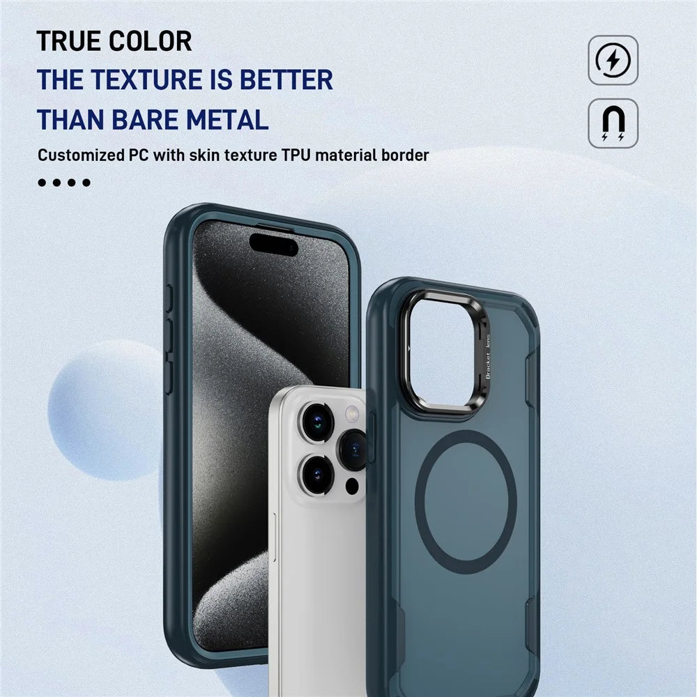 For iPhone 15 Pro Max Case Compatible with MagSafe Lens Frame Kickstand TPU + PC Shockproof Phone Cover - Sapphire + Blue - 5