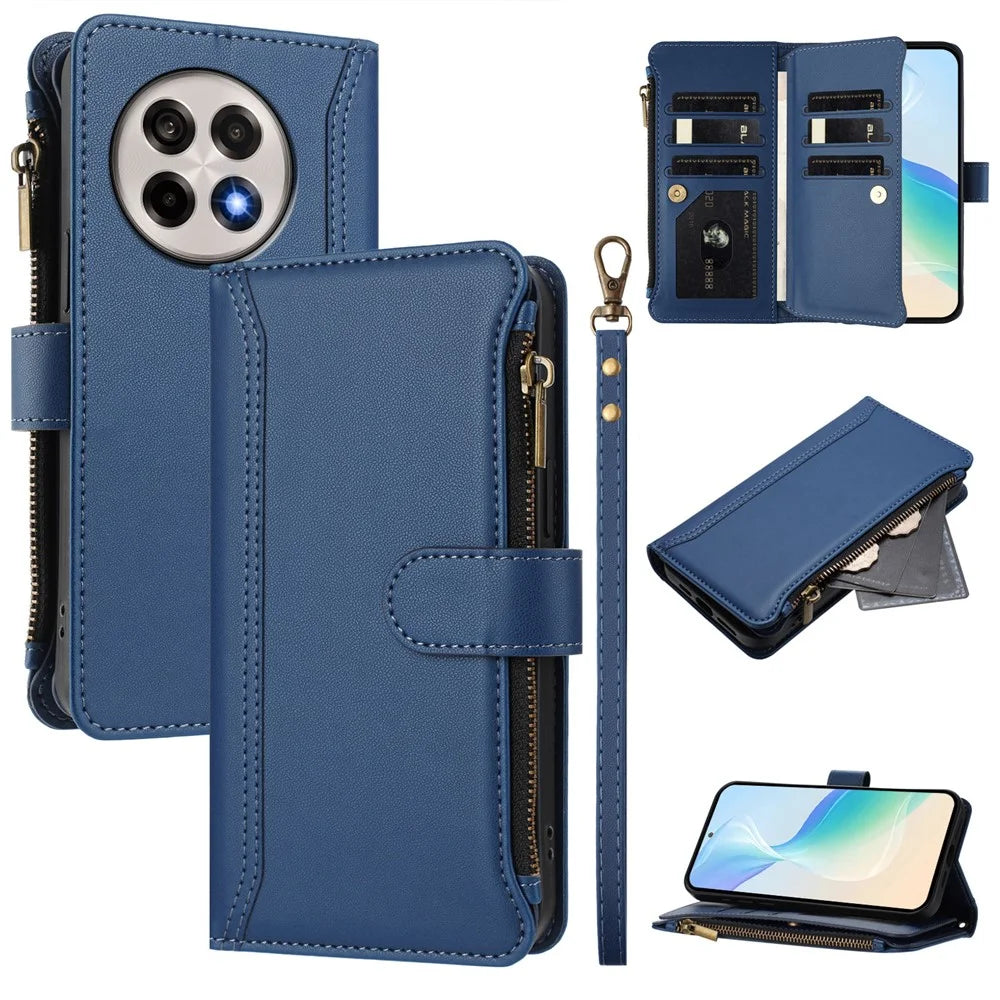 For OnePlus Ace 5 Pro 5G / OnePlus 13R 5G Leather Case 9 Card Slots Zipper Wallet Stand Phone Cover with Wrist Strap - Dark Blue - 1