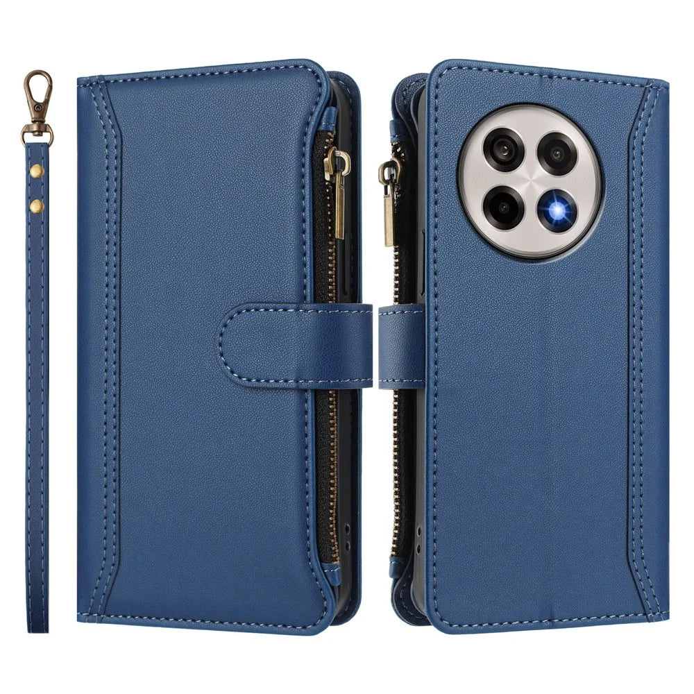 For OnePlus Ace 5 Pro 5G / OnePlus 13R 5G Leather Case 9 Card Slots Zipper Wallet Stand Phone Cover with Wrist Strap - Dark Blue - 3