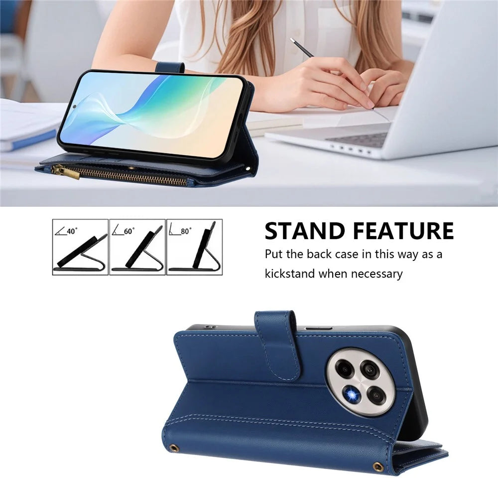 For OnePlus Ace 5 Pro 5G / OnePlus 13R 5G Leather Case 9 Card Slots Zipper Wallet Stand Phone Cover with Wrist Strap - Dark Blue - 4