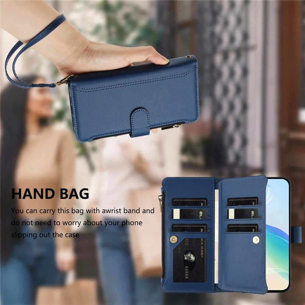 For OnePlus Ace 5 Pro 5G / OnePlus 13R 5G Leather Case 9 Card Slots Zipper Wallet Stand Phone Cover with Wrist Strap - Dark Blue - 7