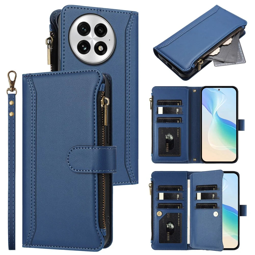 For OnePlus 13 Leather Case 9 Card Slots Zipper Wallet Stand Phone Cover with Wrist Strap - Dark Blue - 2