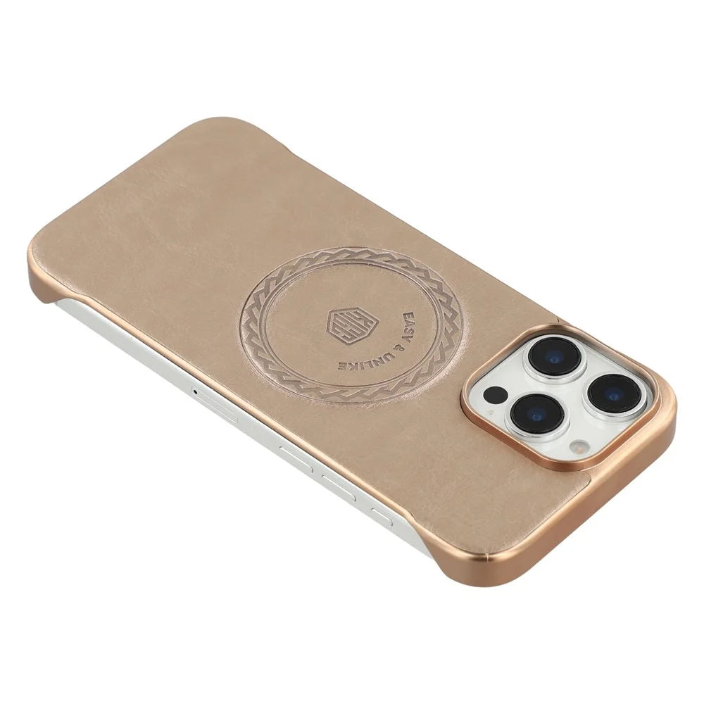 KIGC For iPhone 15 Pro Max Magnetic Case Electroplating PC + PU Phone Back Cover - Gold - 4