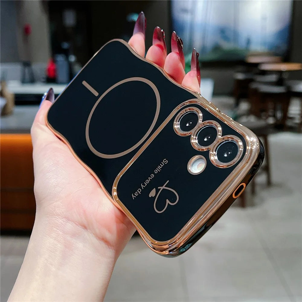 For Samsung Galaxy S25+ / S24+ Magnetic Case Electroplating Wave Edge TPU Phone Cover Heart Pattern - Black - 2