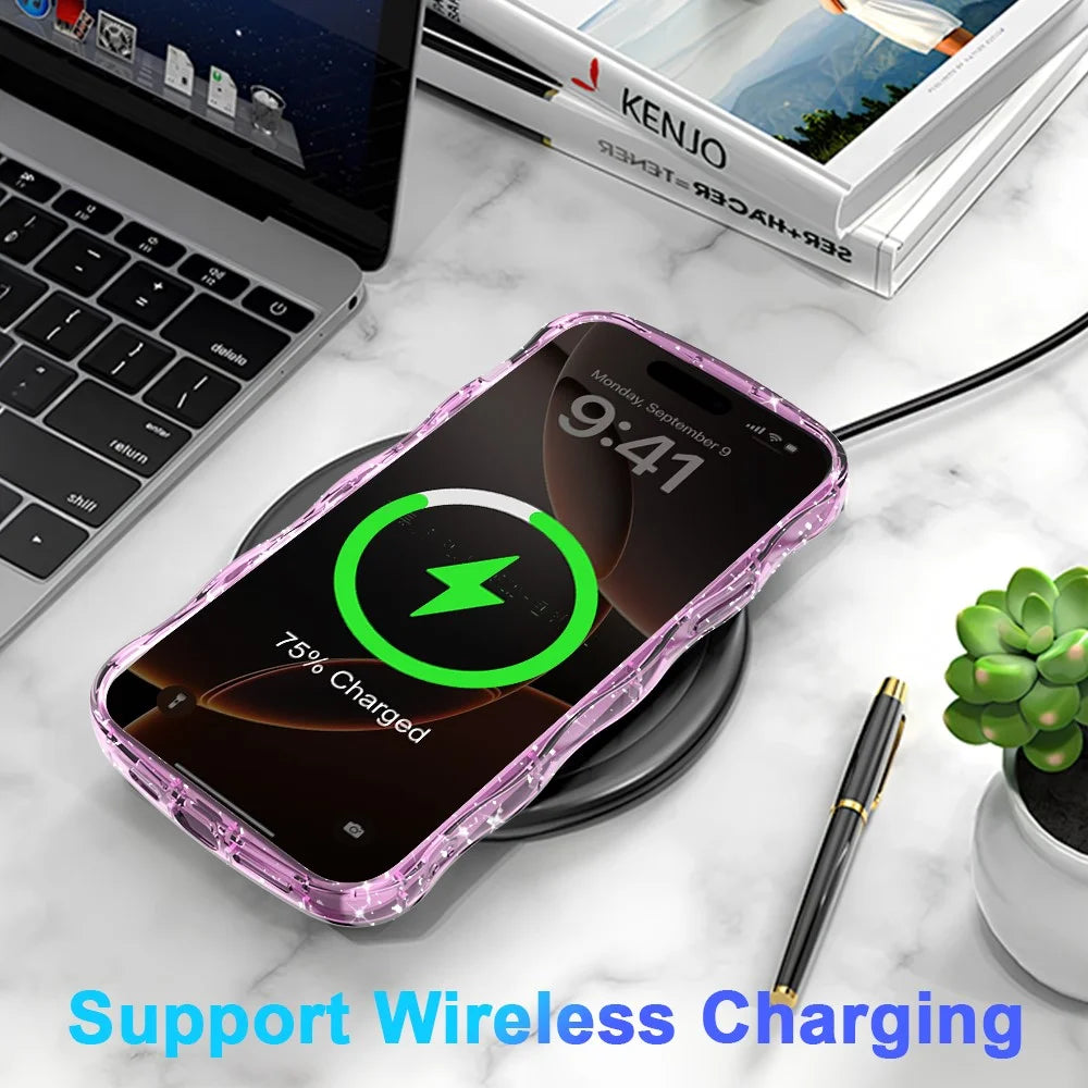 For iPhone 15 Plus Magnetic Case Wave Edge Glitter TPU Phone Back Cover - Clear Pink - 4