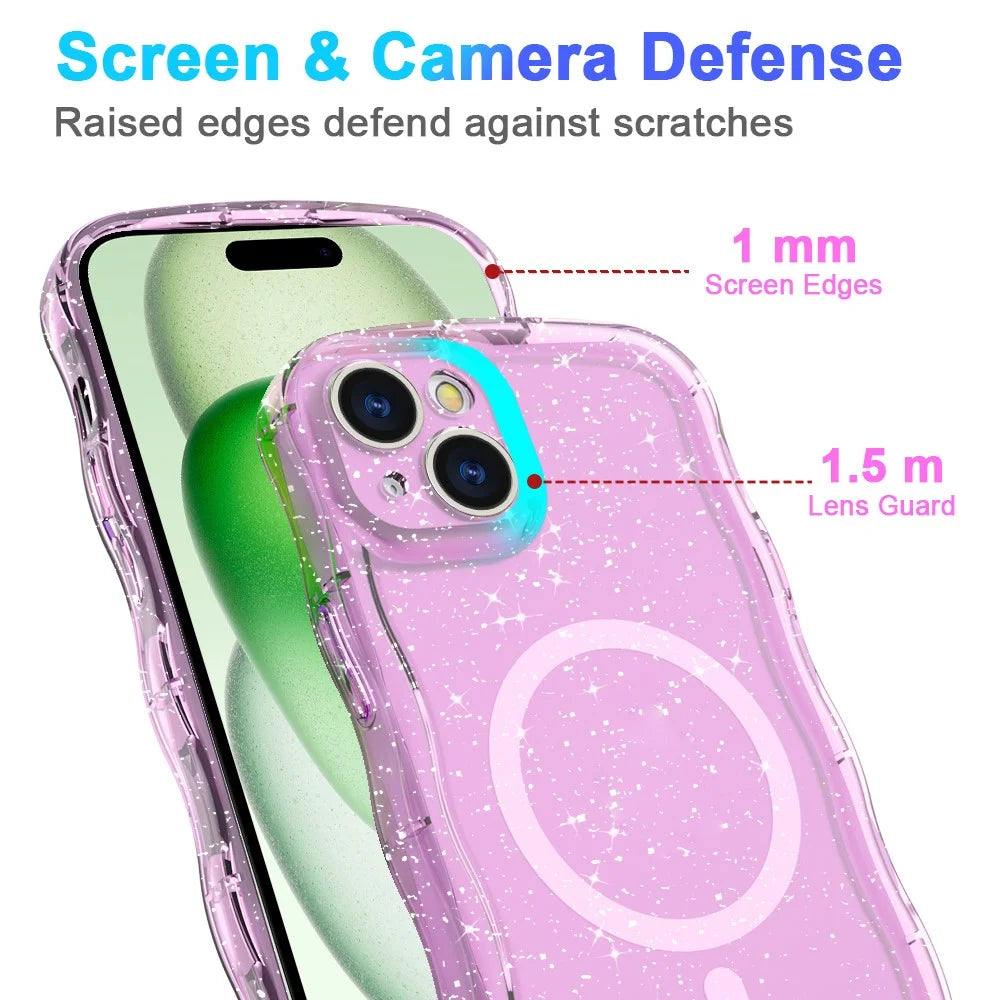 For iPhone 15 Plus Magnetic Case Wave Edge Glitter TPU Phone Back Cover - Clear Pink - 5