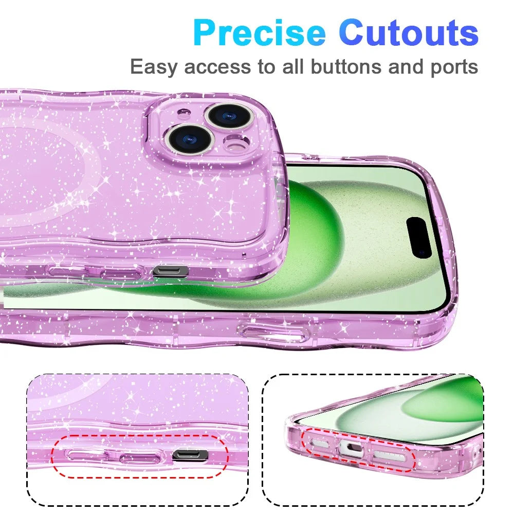 For iPhone 15 Plus Magnetic Case Wave Edge Glitter TPU Phone Back Cover - Clear Pink - 6