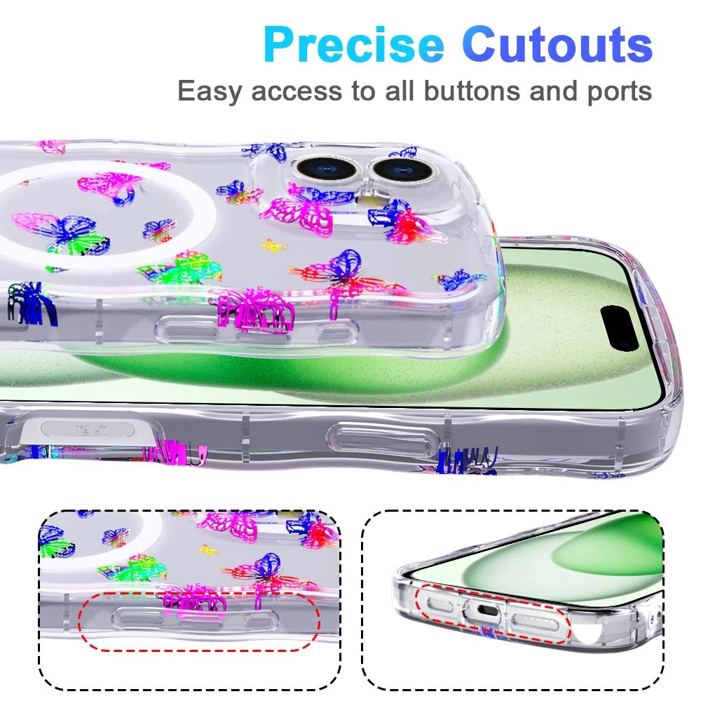 For iPhone 16 Magnetic Case Wave Edge Glitter TPU Phone Back Cover - Laser Butterfly - 6