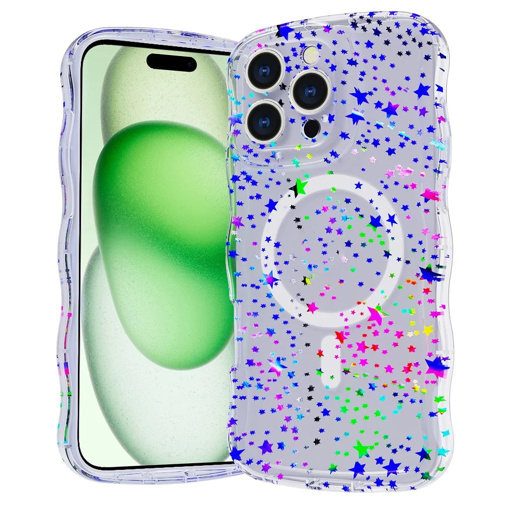 For iPhone 16 Pro Magnetic Case Wave Edge Glitter TPU Phone Back Cover - Laser Star - 1
