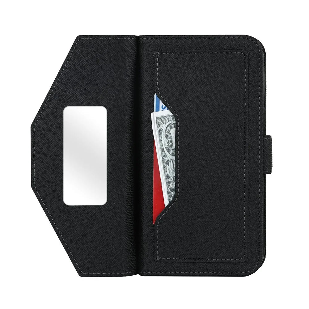 For iPhone 17e / 16e Stand Case Cross Texture PU Leather Wallet Phone Cover with Shoulder Strap / Makeup Mirror - Black - 2