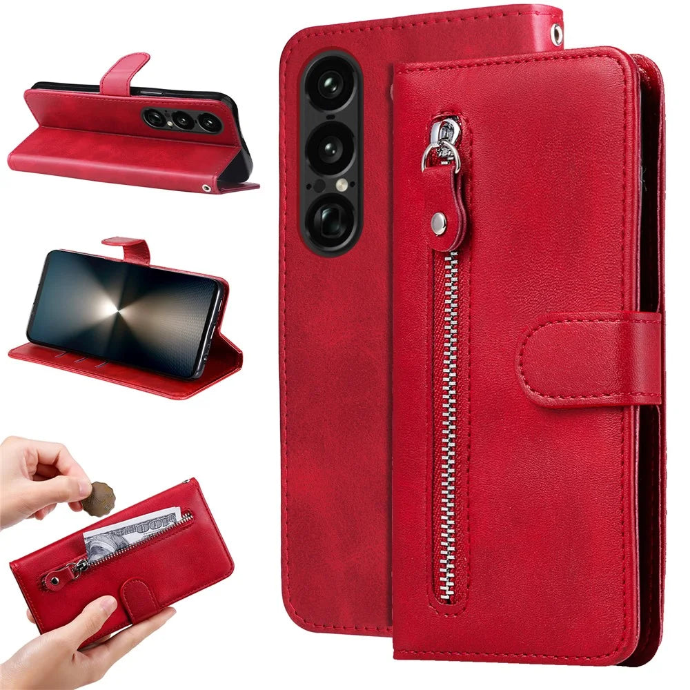 For Sony Xperia 1 VII PU Leather Cases with Zipper Pocket Wallet Phone Cover Stand - Red - 2
