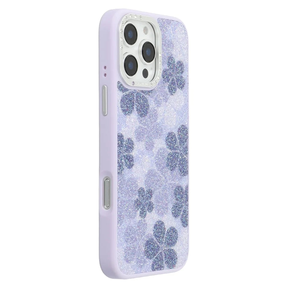 JAUCASE For iPhone 16 Pro Magnetic Case Glitter Flower Pattern PU + TPU + PC Phone Back Cover - Purple - 1