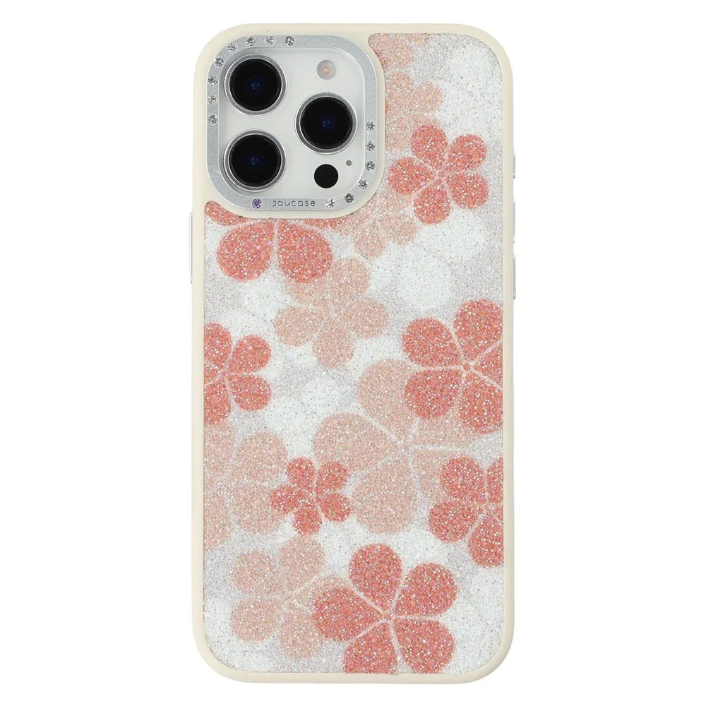 JAUCASE For iPhone 15 Pro Max Magnetic Case Glitter Flower Pattern PU + TPU + PC Phone Back Cover - White - 1
