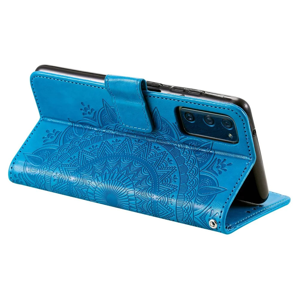 For Samsung Galaxy A14 5G / A14 4G PU Leather Shell, Imprinted Mandala Flower Pattern Wallet Case Stand Cover - Blue - 4