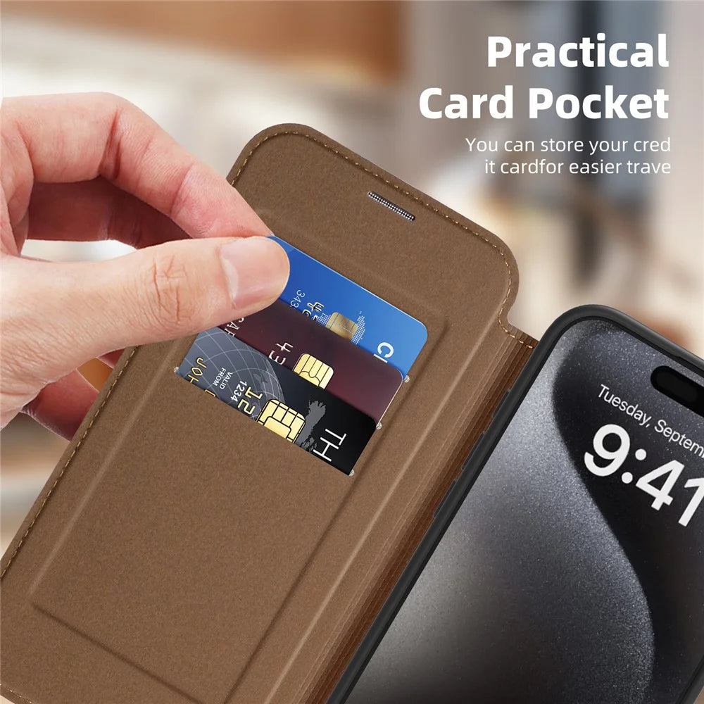For iPhone 15 Pro Max Case Compatible with MagSafe RFID Blocking Card Holder Leather Phone Cover - Coffee - 4