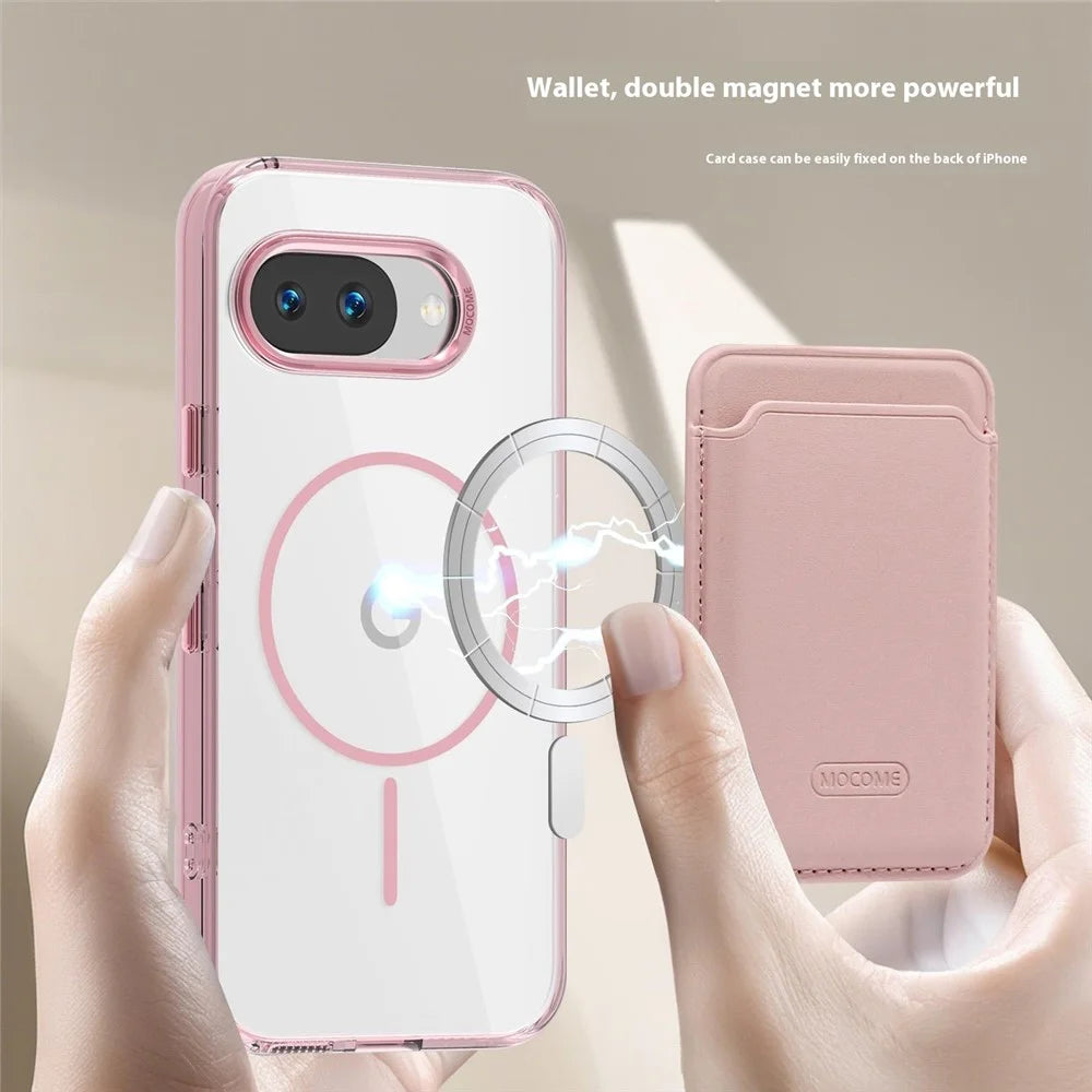 For Google Pixel 9a Magnetic Case TPU + PC Phone Cover with Card Bag - Transparent Pink - 6