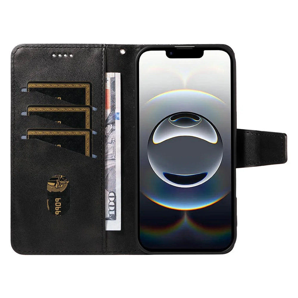 For iPhone 17e / 16e Leather Case Wallet Stand Grids Imprinted Phone Cover with Strap - Black - 2