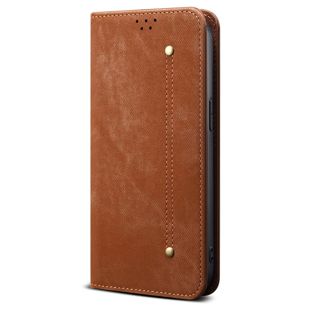 For vivo X200 Ultra 5G Case Jeans Cloth Texture Anti-Scratch Leather Stand Phone Cover - Coffee - 5