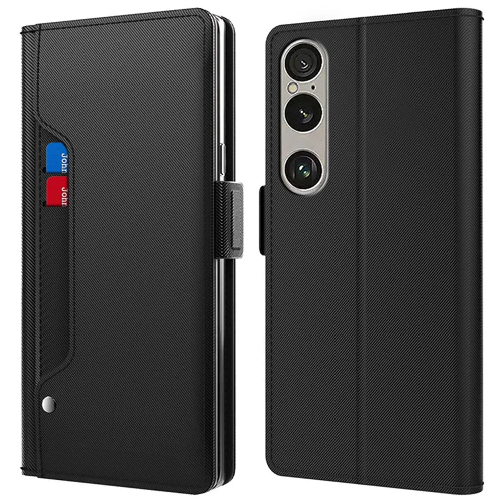 For Sony Xperia 1 VII Case Stand PU Leather Phone Cover Card Holder Mirror - Black - 1
