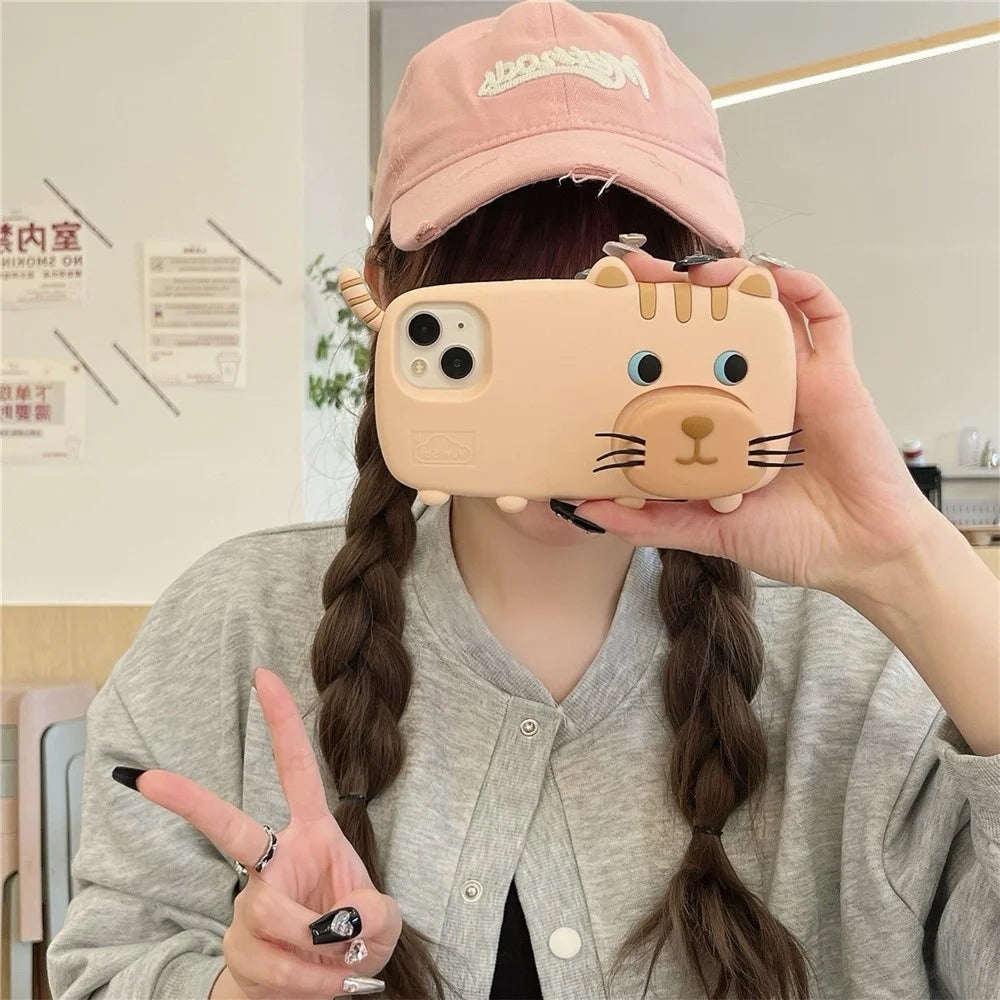 For iPhone 15 Silicone Case Cute Walking Cat Design Lens Cover Kickstand Phone Cover - 3