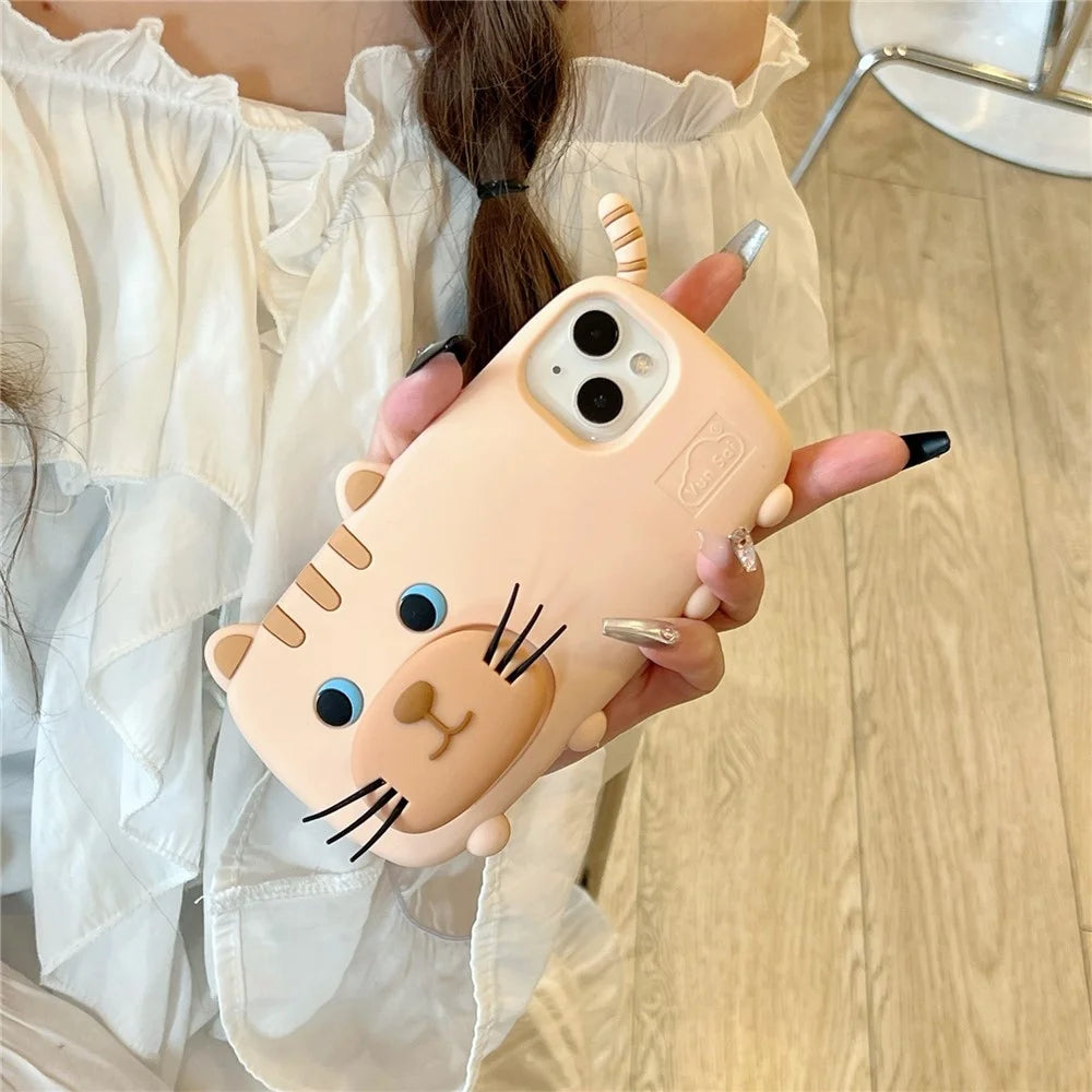 For iPhone 15 Silicone Case Cute Walking Cat Design Lens Cover Kickstand Phone Cover - 5