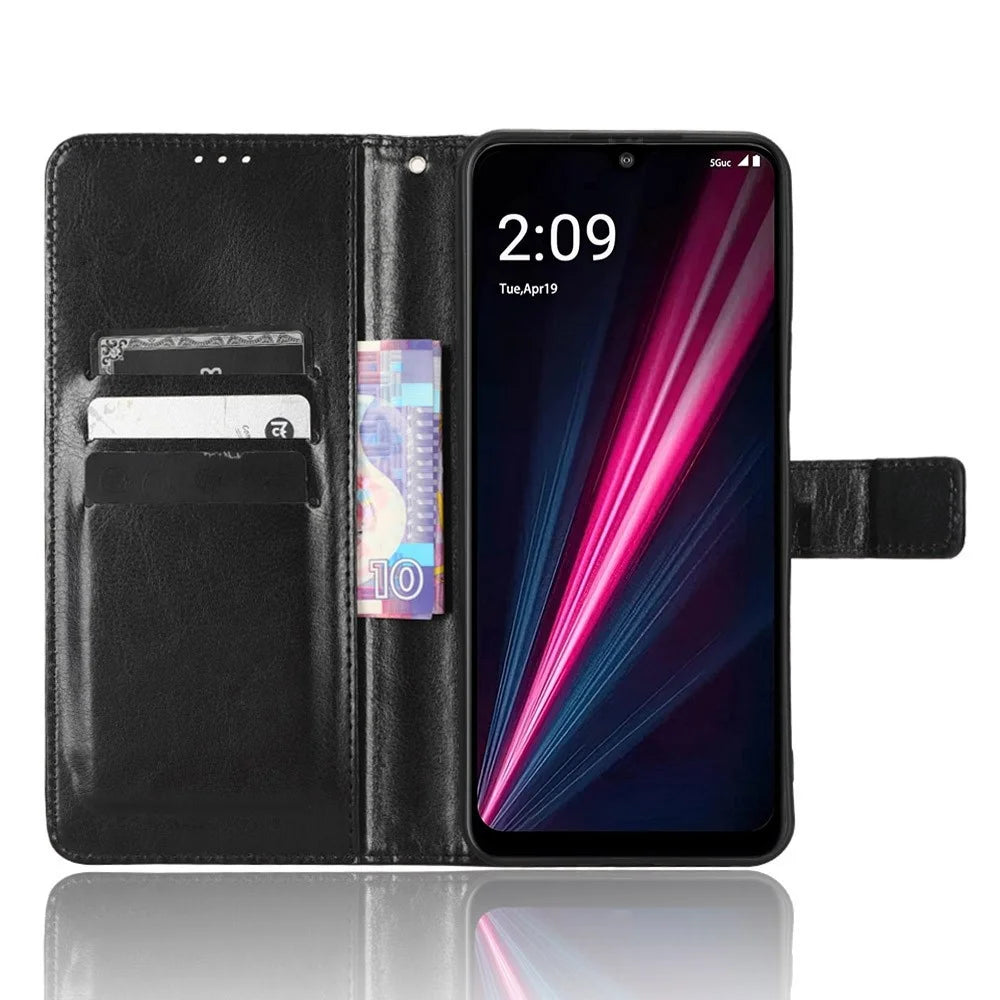 For T-Mobile REVVL 6 Pro 5G 5G / Telekom T Phone Pro 5G / T-Mobile T Phone Pro 5G Crazy Horse Texture PU Leather Shockproof Cover Foldable Stand Wallet Case - Black - 2