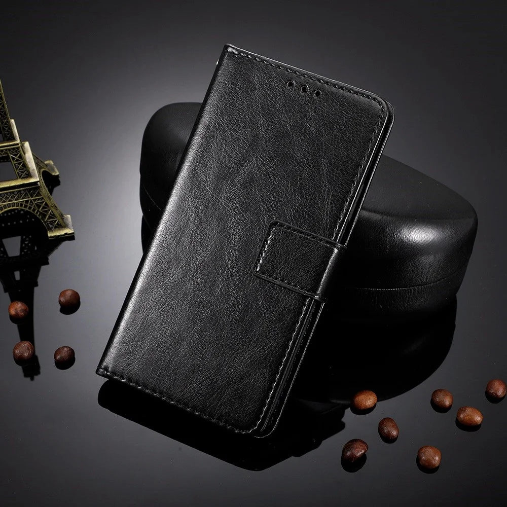 For T-Mobile REVVL 6 Pro 5G 5G / Telekom T Phone Pro 5G / T-Mobile T Phone Pro 5G Crazy Horse Texture PU Leather Shockproof Cover Foldable Stand Wallet Case - Black - 5