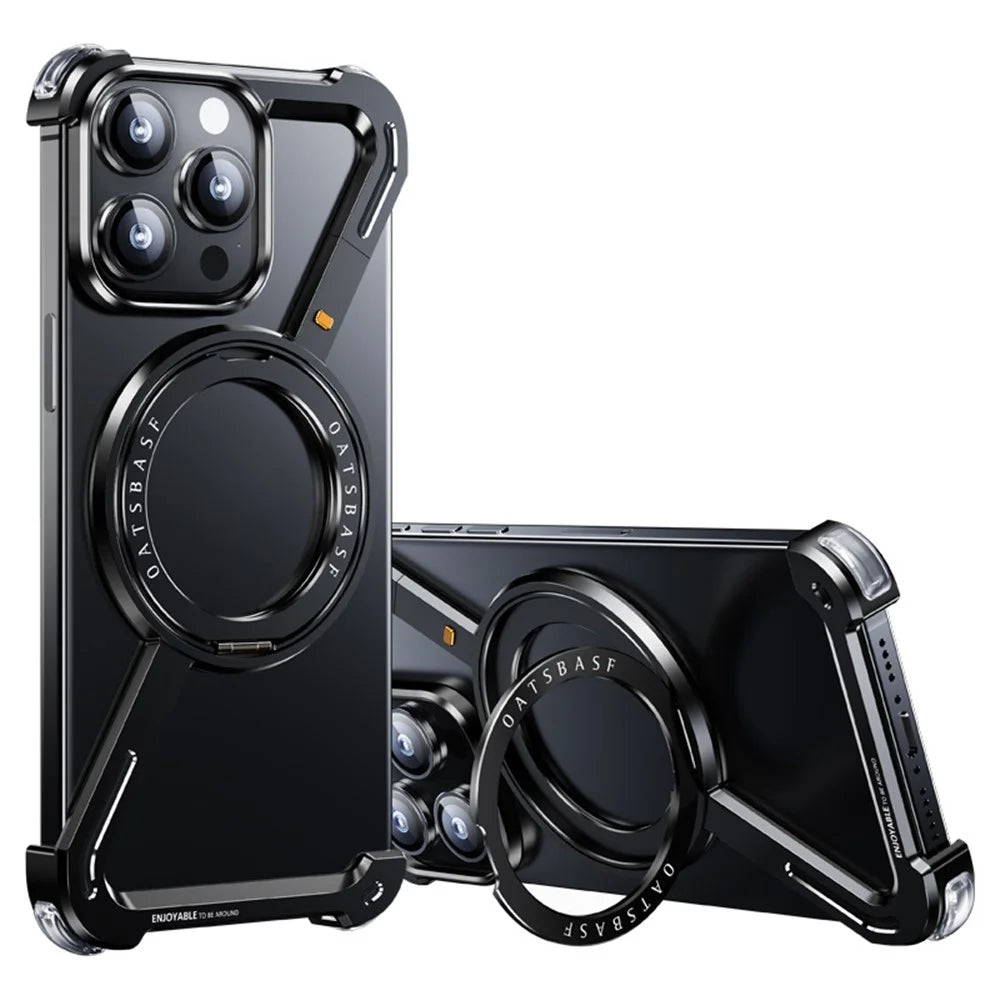 For iPhone 15 Pro Max Bumper Case Z-Shape Design Magnetic Boardless Phone Back Cover with Kickstand - Black - 1