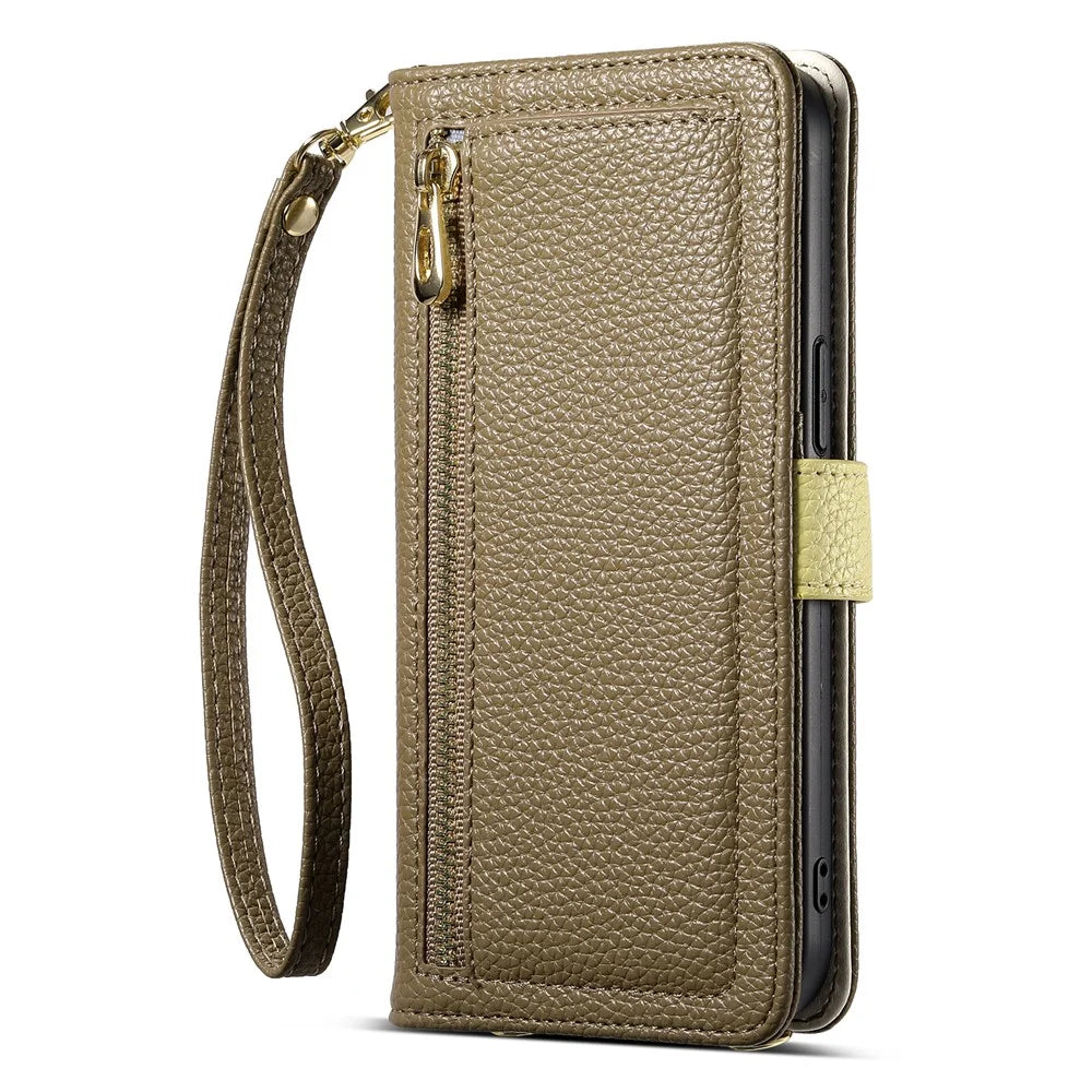 ESEBLE E11 For iPhone 16 Pro Max Case Zipper Pocket Litchi Texture Leather Phone Cover with Mirror and Wrist Strap - Brown - 7