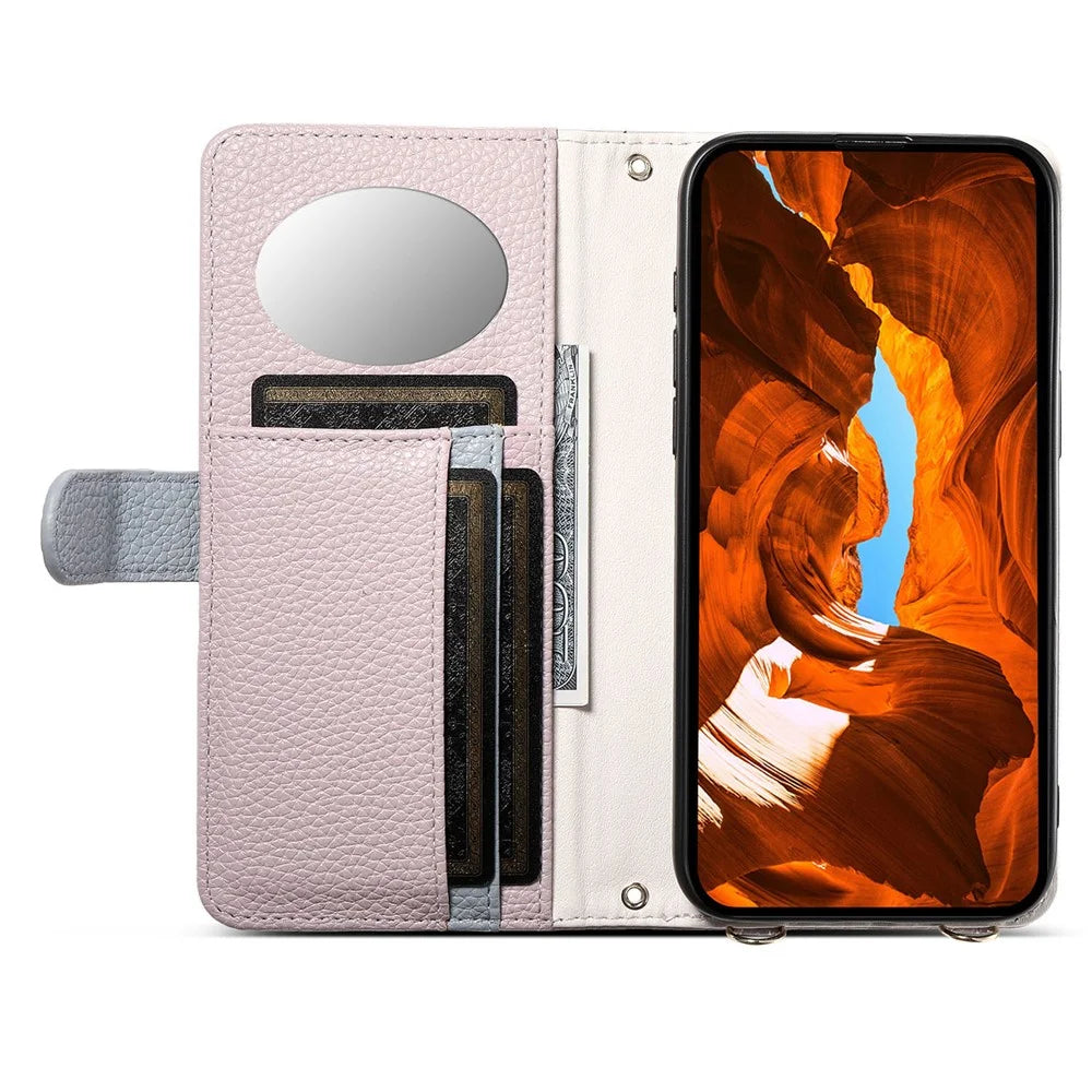 ESEBLE E11 For iPhone 16 Plus Case Zipper Pocket Litchi Texture Leather Phone Cover with Mirror and Wrist Strap - Light Purple - 3