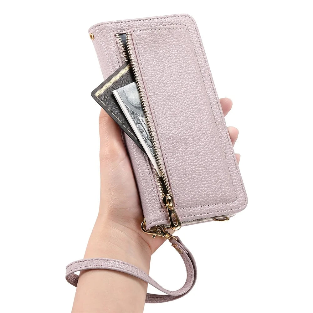 ESEBLE E11 For iPhone 16 Plus Case Zipper Pocket Litchi Texture Leather Phone Cover with Mirror and Wrist Strap - Light Purple - 4