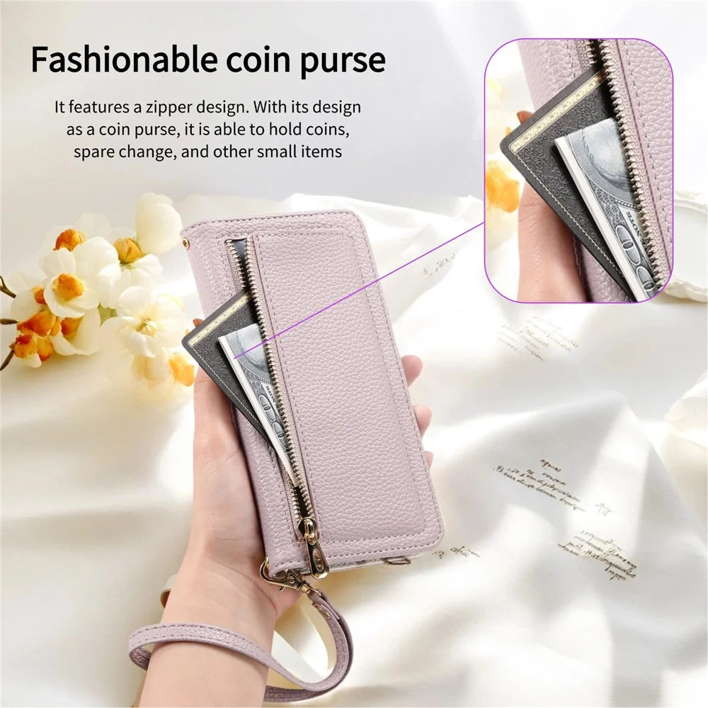 ESEBLE E11 For iPhone 16 Plus Case Zipper Pocket Litchi Texture Leather Phone Cover with Mirror and Wrist Strap - Light Purple - 5