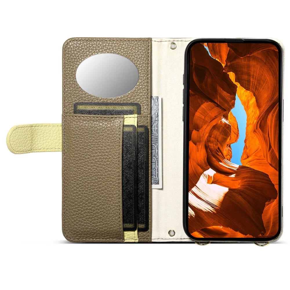 ESEBLE E11 For iPhone 15 Pro Case Zipper Pocket Litchi Texture Leather Phone Cover with Mirror and Wrist Strap - Brown - 3