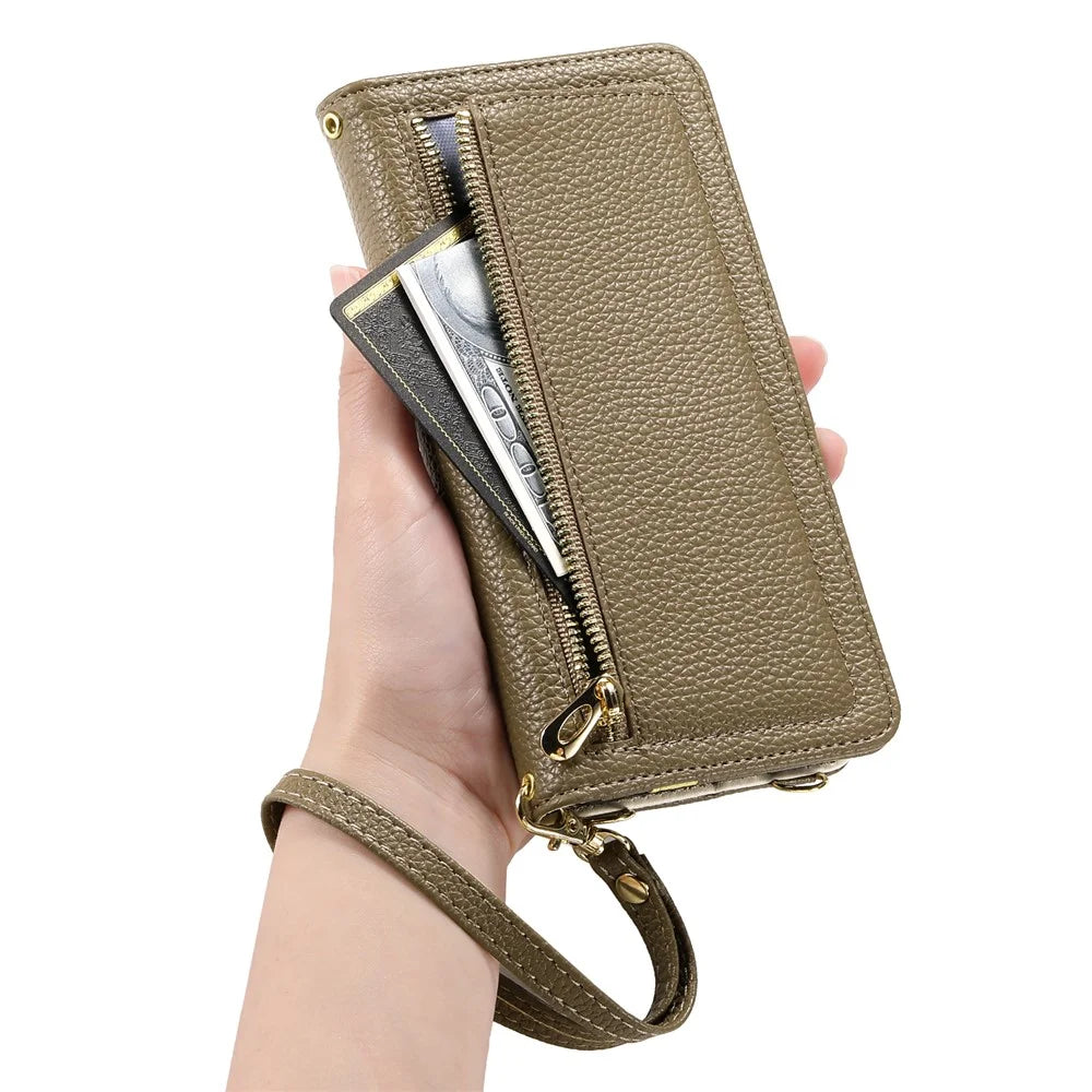 ESEBLE E11 For iPhone 15 Pro Case Zipper Pocket Litchi Texture Leather Phone Cover with Mirror and Wrist Strap - Brown - 4