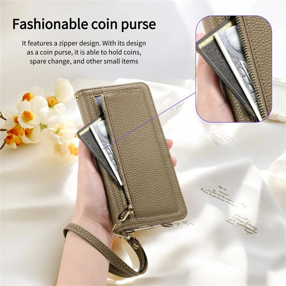 ESEBLE E11 For iPhone 15 Pro Case Zipper Pocket Litchi Texture Leather Phone Cover with Mirror and Wrist Strap - Brown - 5