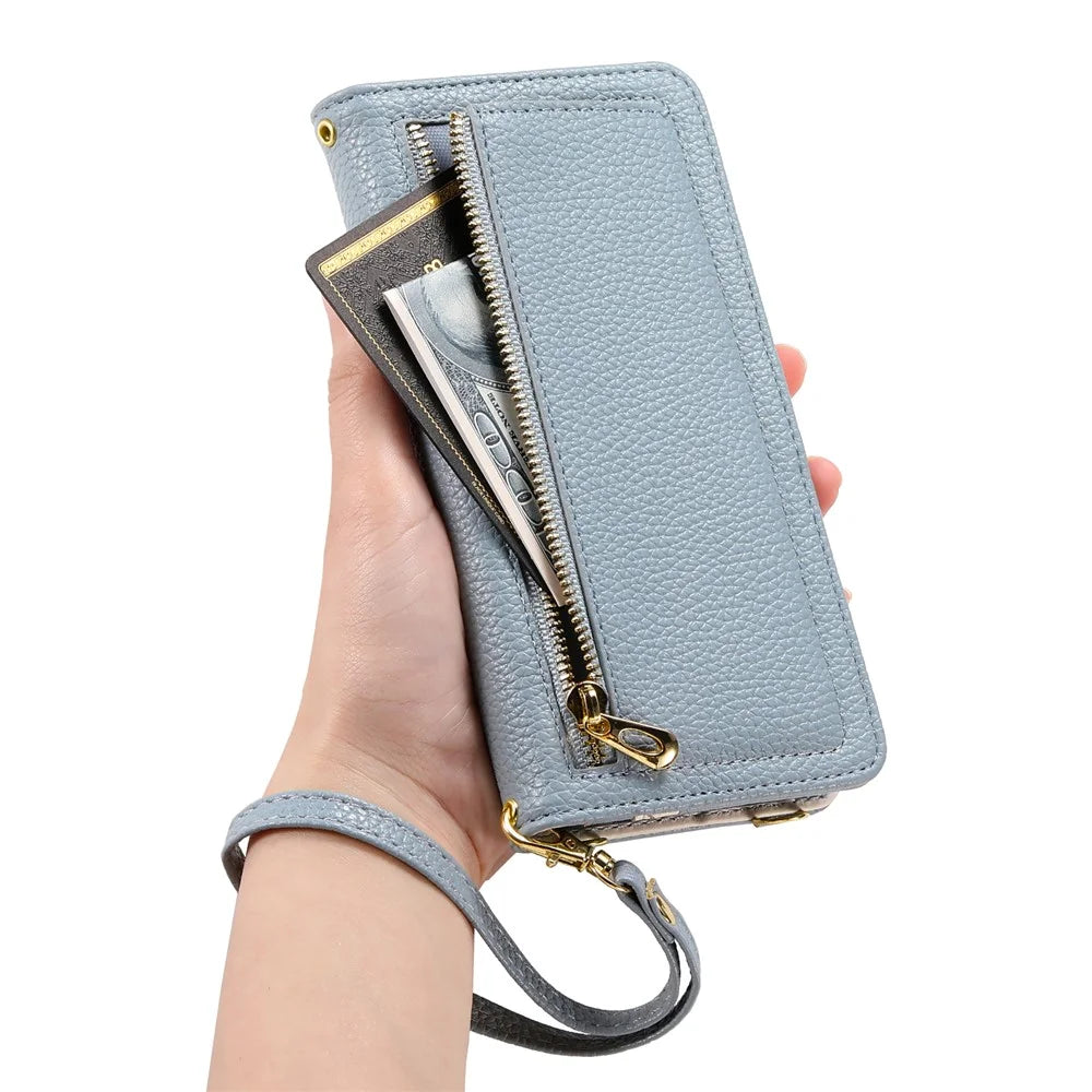 ESEBLE E11 For iPhone 14 / 13 Case Zipper Pocket Litchi Texture Leather Phone Cover with Mirror and Wrist Strap - Sky Blue - 4