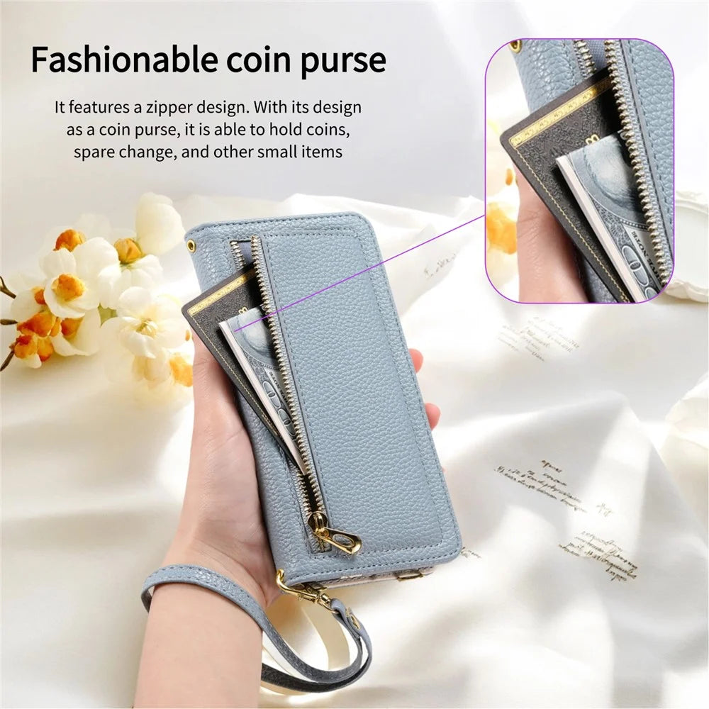 ESEBLE E11 For iPhone 14 / 13 Case Zipper Pocket Litchi Texture Leather Phone Cover with Mirror and Wrist Strap - Sky Blue - 5