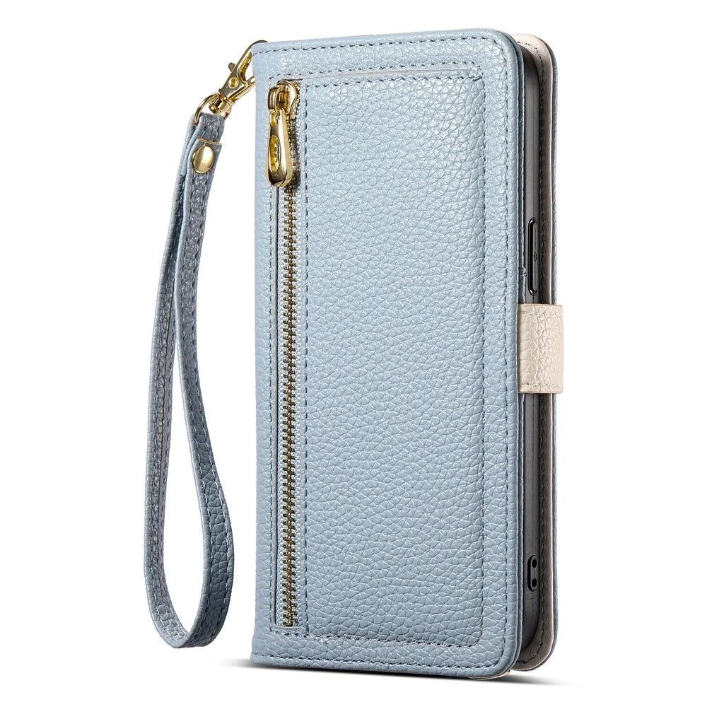 ESEBLE E11 For iPhone 14 / 13 Case Zipper Pocket Litchi Texture Leather Phone Cover with Mirror and Wrist Strap - Sky Blue - 7