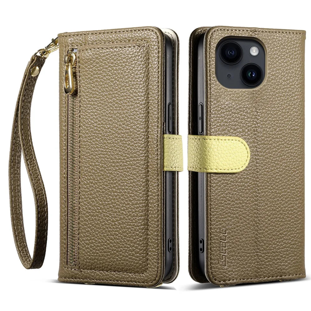 ESEBLE E11 For iPhone 15 Plus / 14 Plus Case Zipper Pocket Litchi Texture Leather Phone Cover with Mirror and Wrist Strap - Brown - 1