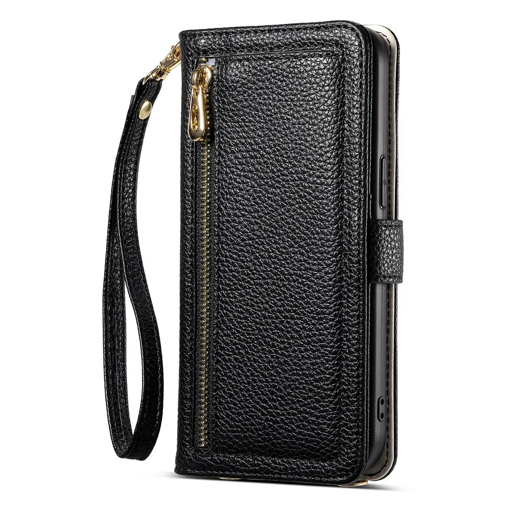 ESEBLE E11 For Samsung Galaxy S24 Case Zipper Pocket Litchi Texture Leather Phone Cover with Mirror and Wrist Strap - Black - 7