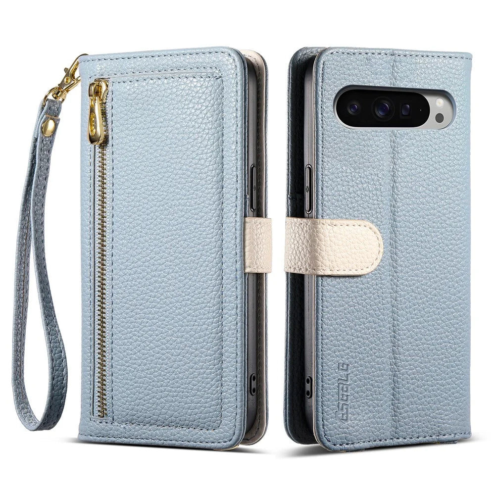 ESEBLE E11 For Google Pixel 9 Pro XL Case Zipper Pocket Litchi Texture Leather Phone Cover with Mirror and Wrist Strap - Sky Blue - 1