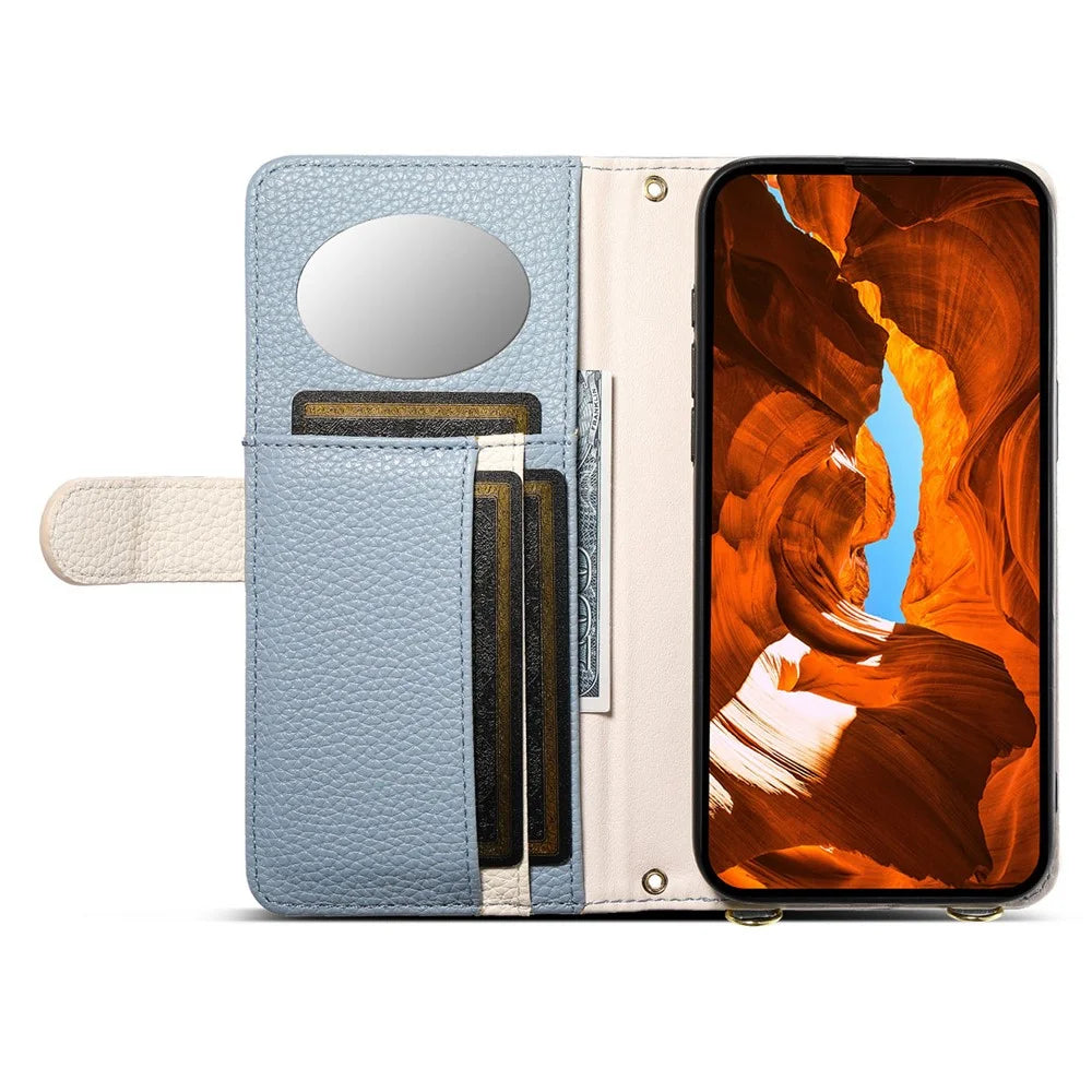 ESEBLE E11 For Google Pixel 9 Pro XL Case Zipper Pocket Litchi Texture Leather Phone Cover with Mirror and Wrist Strap - Sky Blue - 3