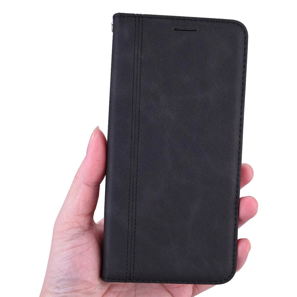 For Samsung Galaxy A56 5G Case Business Style Magnetic Closure Leather Phone Cover with Strap - Black - 5