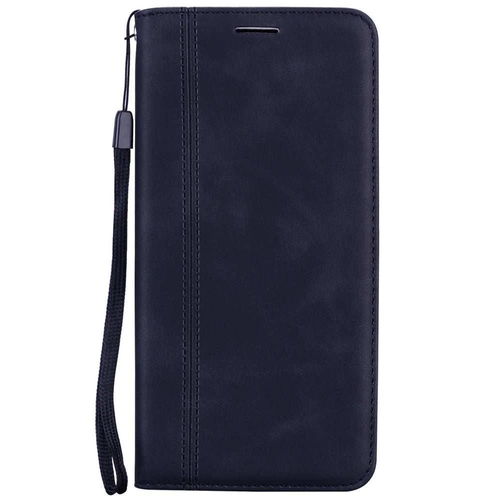 For Samsung Galaxy A56 5G Case Business Style Magnetic Closure Leather Phone Cover with Strap - Black - 6